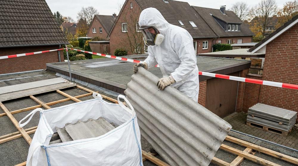 Symbolbild: Abnahme von Asbestzement-Wellplatten mit Schutzausrüstung