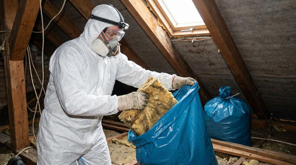 Symbolbild: Ausbau alter Mineralwolle zwischen Dachsparren mit Atemschutz und Schutzbrille